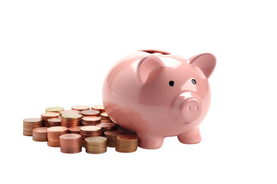 Sparkling Hope: Pink Piggy Bank Atop Glittering Coin Pile. On White or PNG Transparent Background.