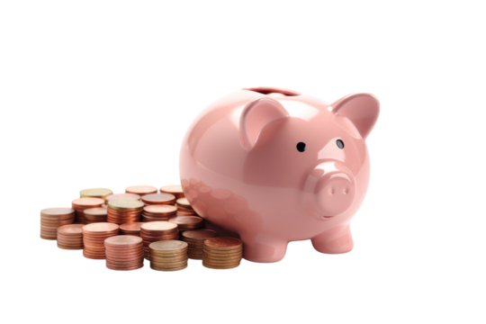 Sparkling Hope: Pink Piggy Bank Atop Glittering Coin Pile. On White or PNG Transparent Background.