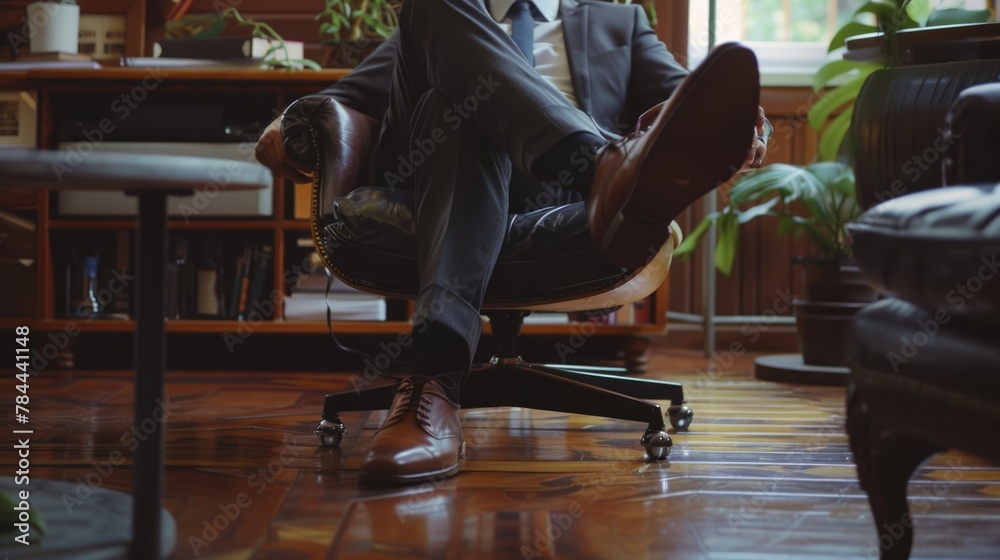Poster a man in a suit and tie sitting in a chair. suitable for business concepts