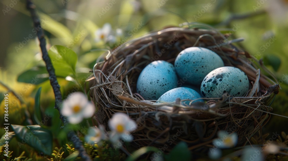 Poster a nest filled with blue eggs on a lush green field. perfect for spring or easter themes