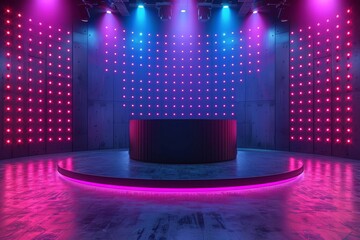 An empty modern stage basking in shades of pink and purple neon lights, suggesting a contemporary and upbeat ambiance in an event space
