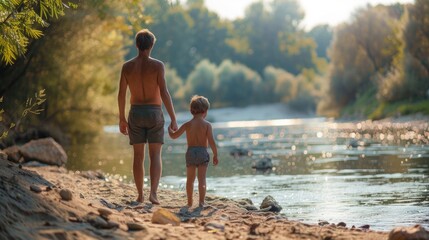A man and a child standing on the shore of a river. Suitable for family and nature themes