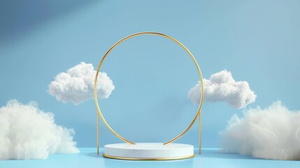 Decorative golden arch and white clouds on a blue background. Modern mock-up of circular platform for displaying products or exhibitions.