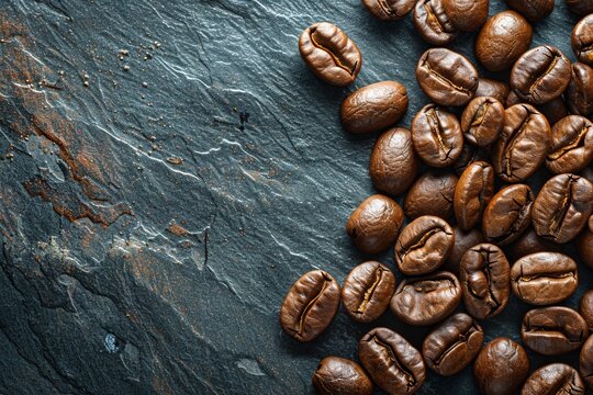 The image showcases a close-up, detailed texture of roasted coffee beans on a rustic dark surface, highlighting the beans' shiny freshness