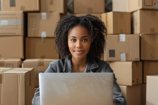 Confident woman entrepreneur working in warehouse with stacked boxes
