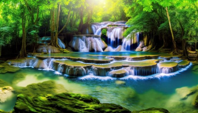 breathtaking natural waterfall cascading gently over tiered rock formations in a lush, verdant forest.
