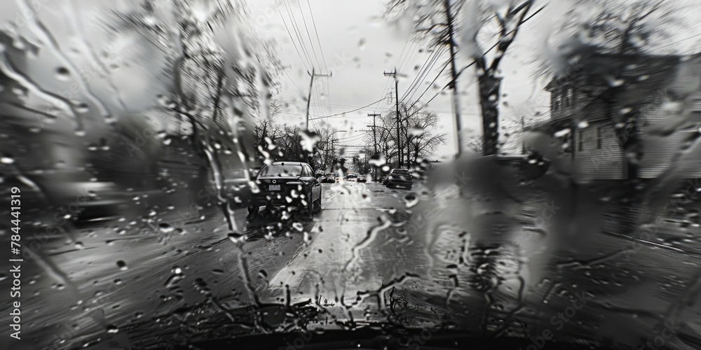 Poster a moody black and white photo of a rainy street. perfect for adding atmosphere to any project
