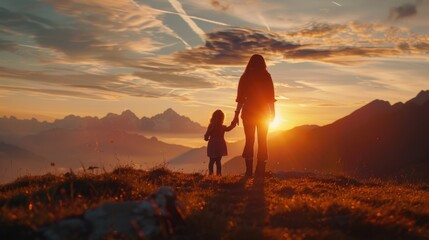 A woman and a child standing on a hill at sunset. Perfect for family or nature concepts - obrazy, fototapety, plakaty