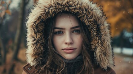 A woman wearing a furry hood in a park, suitable for outdoor lifestyle concepts