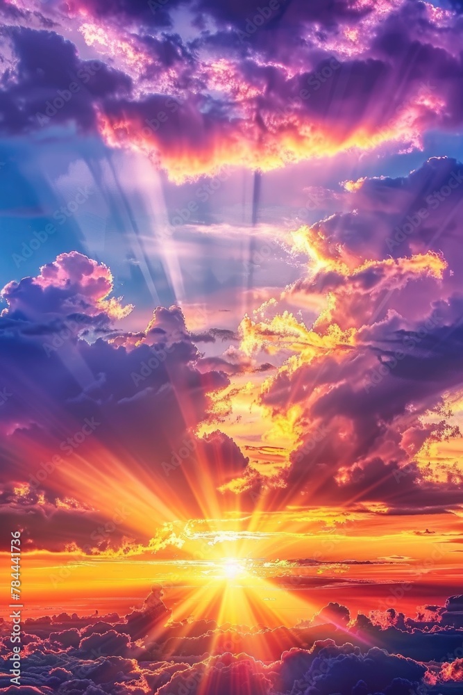 Poster sun shining brightly over clouds, suitable for weather or travel concepts