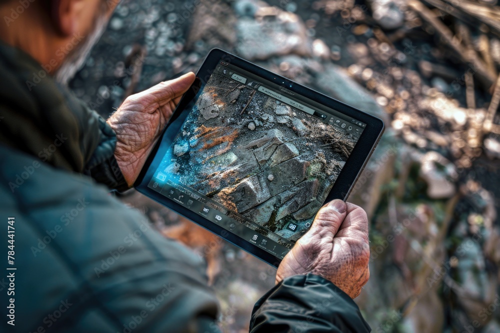 Poster A man holding a tablet computer. Suitable for technology concepts