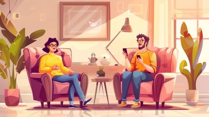 A poster for homecare services. An illustration with cartoon illustration of an elder sitting in an armchair and a woman using a mobile phone on the couch.