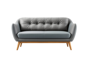 Elegant Gray Leather Couch With Wooden Legs. On White or PNG Transparent Background.