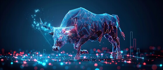 In a dark backdrop an abstract wireframe or polygonal vector of a bull share market concept with space for text or backdrop, Generative AI. - obrazy, fototapety, plakaty