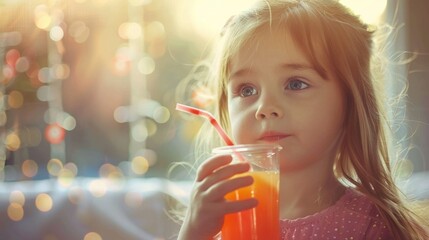 Young girl holding a glass of orange juice. Perfect for health and nutrition concepts