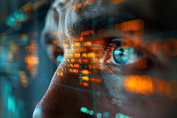 Intense close-up of digital code reflections on a man's skin, depicting high-tech cyber connection