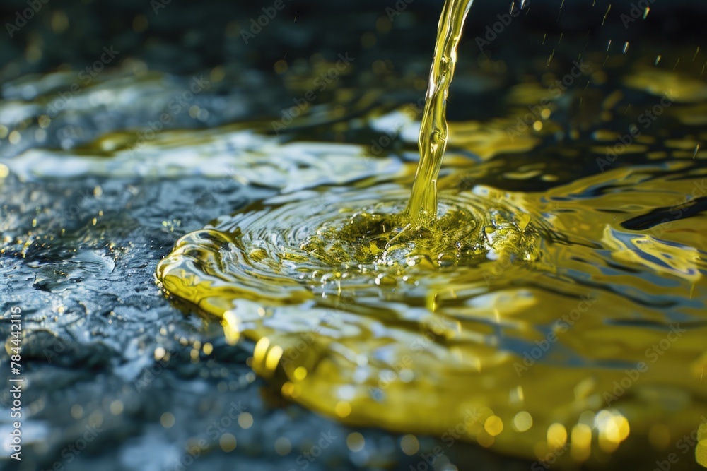 Poster Close up of yellow liquid flowing from a faucet, suitable for concepts related to water usage and household utilities