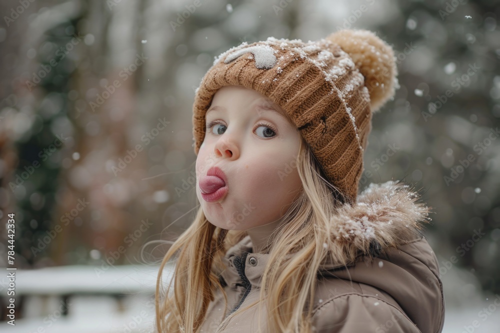 Poster Playful girl enjoying the snow, perfect for winter themes