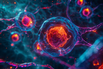 Abstract 3d illustration of human cells. Ultraviolet cell nuclei with neon light. Concept of colorectal cancer cells or DNA damage.