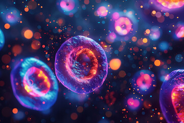 Abstract 3d illustration of human cells. Ultraviolet cell nuclei with neon light. Concept of colorectal cancer cells or DNA damage. - obrazy, fototapety, plakaty
