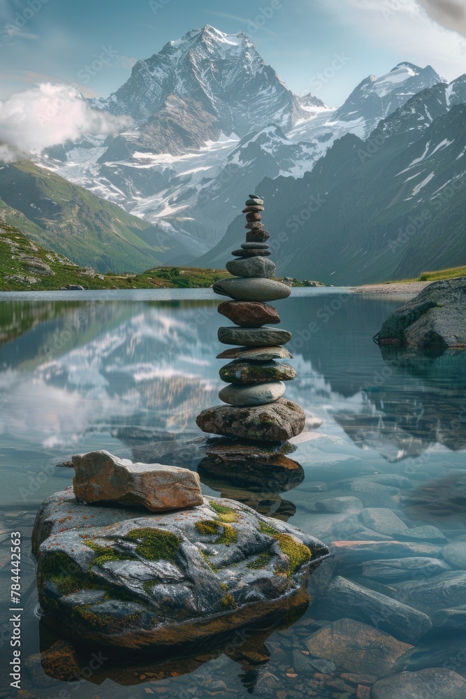 Poster a pile of rocks on top of a body of water, suitable for various design projects