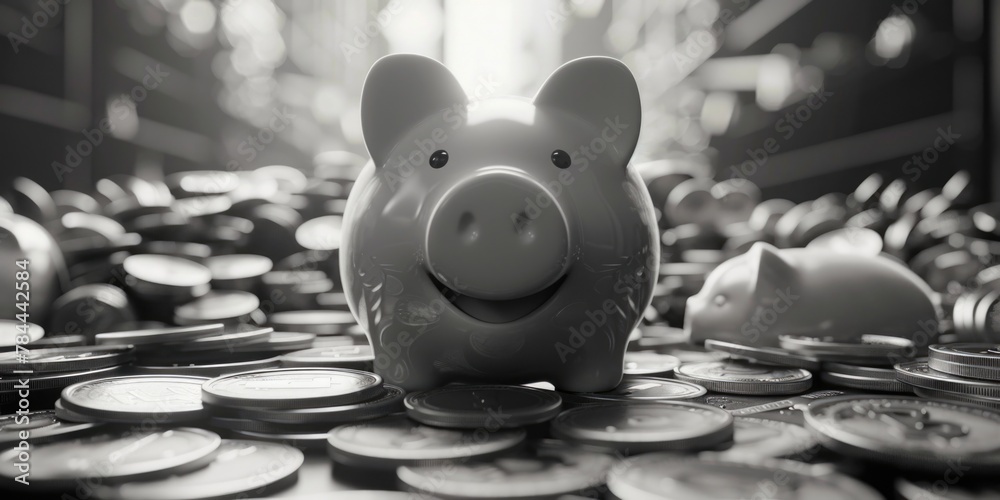 Canvas Prints a piggy bank sitting on top of a pile of coins. ideal for finance concepts