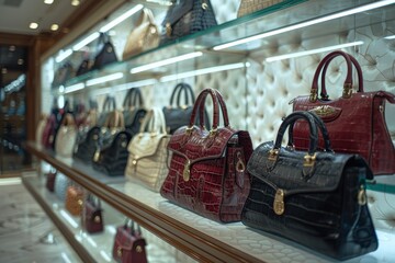 Row of high-end luxury handbags situated on a shelf in a stylish boutique, highlighting intricate designs and quality materials