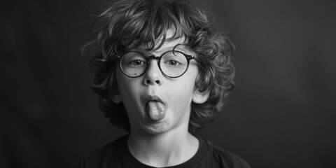 A young boy wearing glasses making a funny face. Suitable for comedic or playful concepts - obrazy, fototapety, plakaty