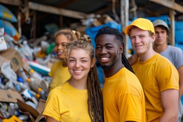Group of volunteers wearing yellow shirts engaged in a community cleanup effort, with blurred faces for anonymity