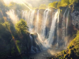 breathtaking shot captures the majestic Saute du Loup waterfalls in all their natural splendor. Cascading gracefully down rugged cliffs, the rushing waters form a mesmerizing display of power 