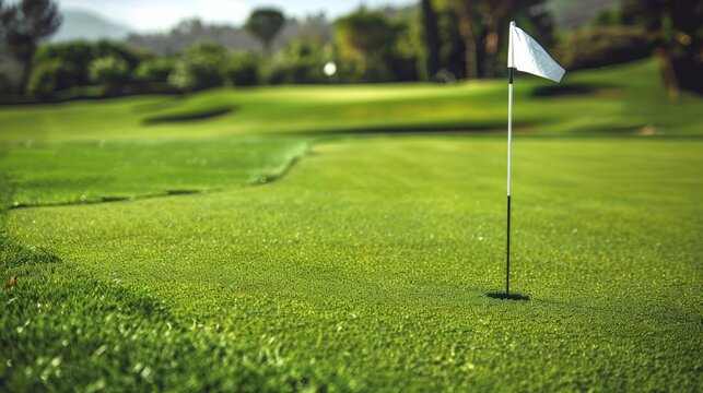 The vibrant green of a well-kept putting green, a golfer intently lining up their putt, with the flag gently fluttering in the breeze.