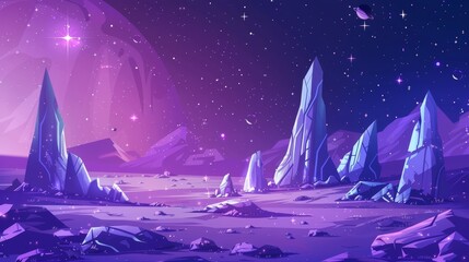 Space background, alien planet deserted landscape with mountains, rocks, and deep cleft. Computer game background with parallax effect. - obrazy, fototapety, plakaty