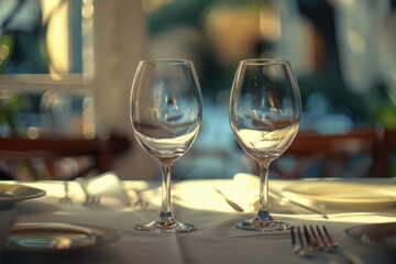 Two empty wine glasses on a table, perfect for restaurant or bar promotions