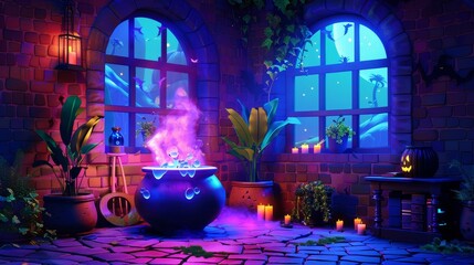 Cartoon posters for witch parties. Magic potion glows in cauldron with mandrake plant in magician's room with brick wall and arched windows. Modern illustration.