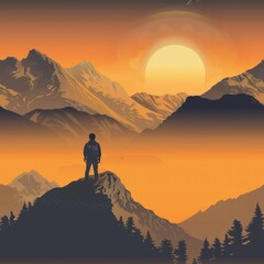 A man standing on top of a mountain at sunset. Perfect for travel and adventure concepts