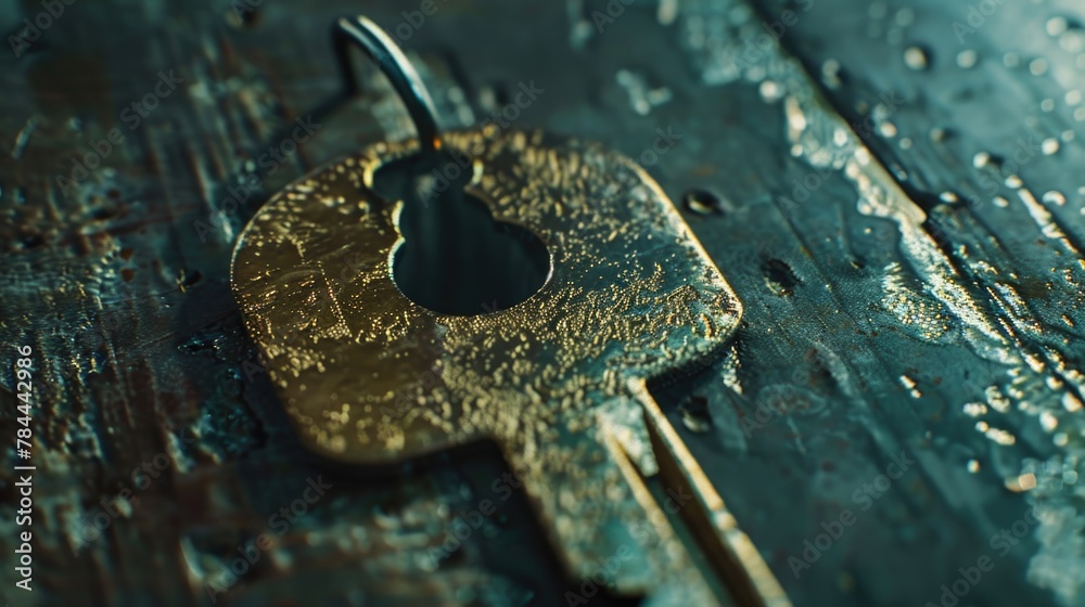 Aufkleber Detailed view of a key on a rustic wooden background. Suitable for locksmith or security concepts