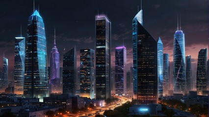 Nighttime city scene adorned with luminous skyscrapers and modern architecture.
