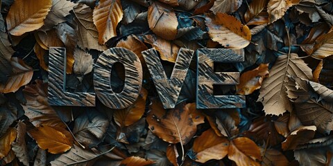 Wooden letters spelling out the word "love" surrounded by autumn leaves. Suitable for romantic concepts or seasonal designs