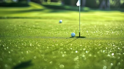 The vibrant green of a well-kept putting green, a golfer intently lining up their putt, with the flag gently fluttering in the breeze.