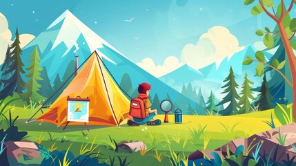 Kids summer camp poster with tent, backpack, and thermos. Modern banner with cartoon landscape with mountain, forest, campsite, and scouts children with map and magnifying glass. - obrazy, fototapety, plakaty