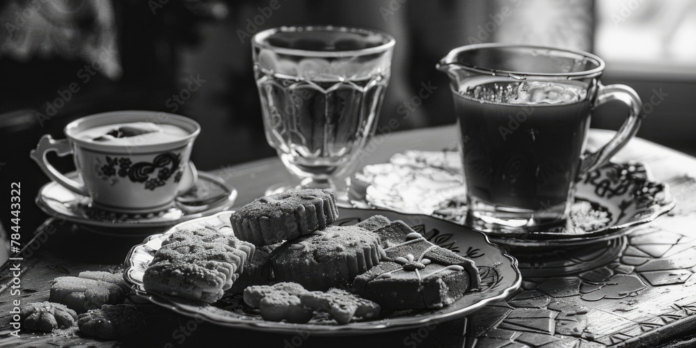 Poster a plate of cookies and a cup of coffee on a table. perfect for food and beverage concepts