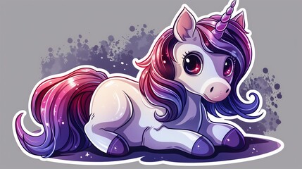 A cute cartoon sticker of a magical unicorn, placed on a solid lavender background, evoking a sense of wonder and enchantment