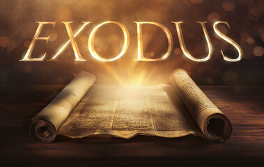 Glowing open scroll parchment revealing the book of the Bible. Book of Exodus. Liberation, deliverance, slavery, Moses, plagues, Passover, Sinai covenant, Ten Commandments, tabernacle, journey - obrazy, fototapety, plakaty