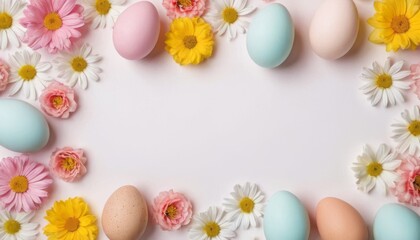 Obraz na płótnie Canvas Top view photo of pastel colors easter holiday banner with eggs and sping flowers on white background