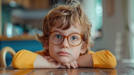 A young boy wearing glasses sitting at a table. Suitable for educational and school-related projects - obrazy, fototapety, plakaty
