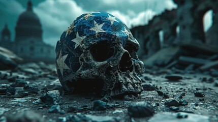 A skull sitting on top of a pile of rubble. Perfect for illustrating destruction and danger - obrazy, fototapety, plakaty