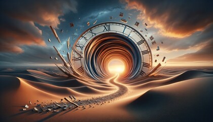 surreal landscape where time itself bends. A gigantic clock face forms a swirling tunnel in the desert, with Roman numeral - obrazy, fototapety, plakaty