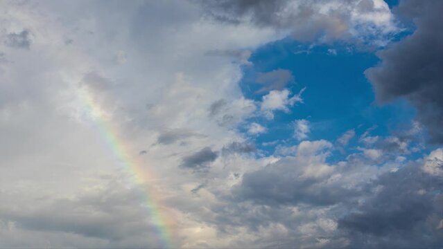 タイムラプス　夕方に現れた虹とオレンジ色のたくさんの雲