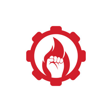 Fire Fist gear shape concept Logo Vector. Revolution Protest Flame Fist Symbol. Web Icon Logo Template Design Element.