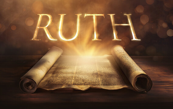 Glowing open scroll parchment revealing the book of the Bible. Book of Ruth. Loyalty, kindness, faithfulness, redemption, family, providence, harvest, marriage, lineage, blessing